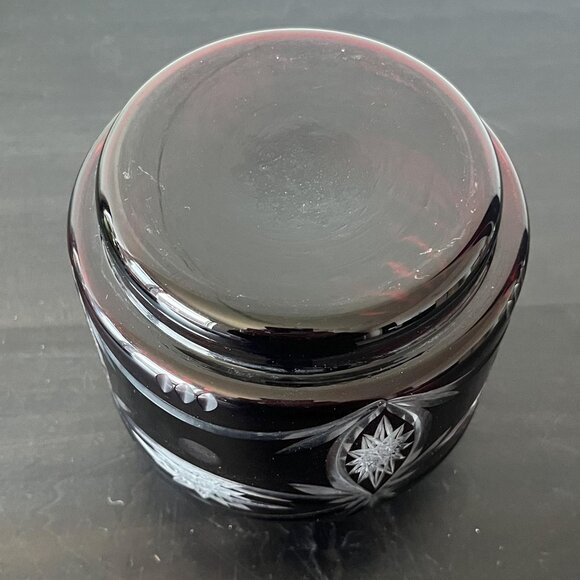 Ruby Red Cut to Clear Crystal Biscuit Jar // 8" Tall Bohemian Glass Canister - Picture 5 of 6